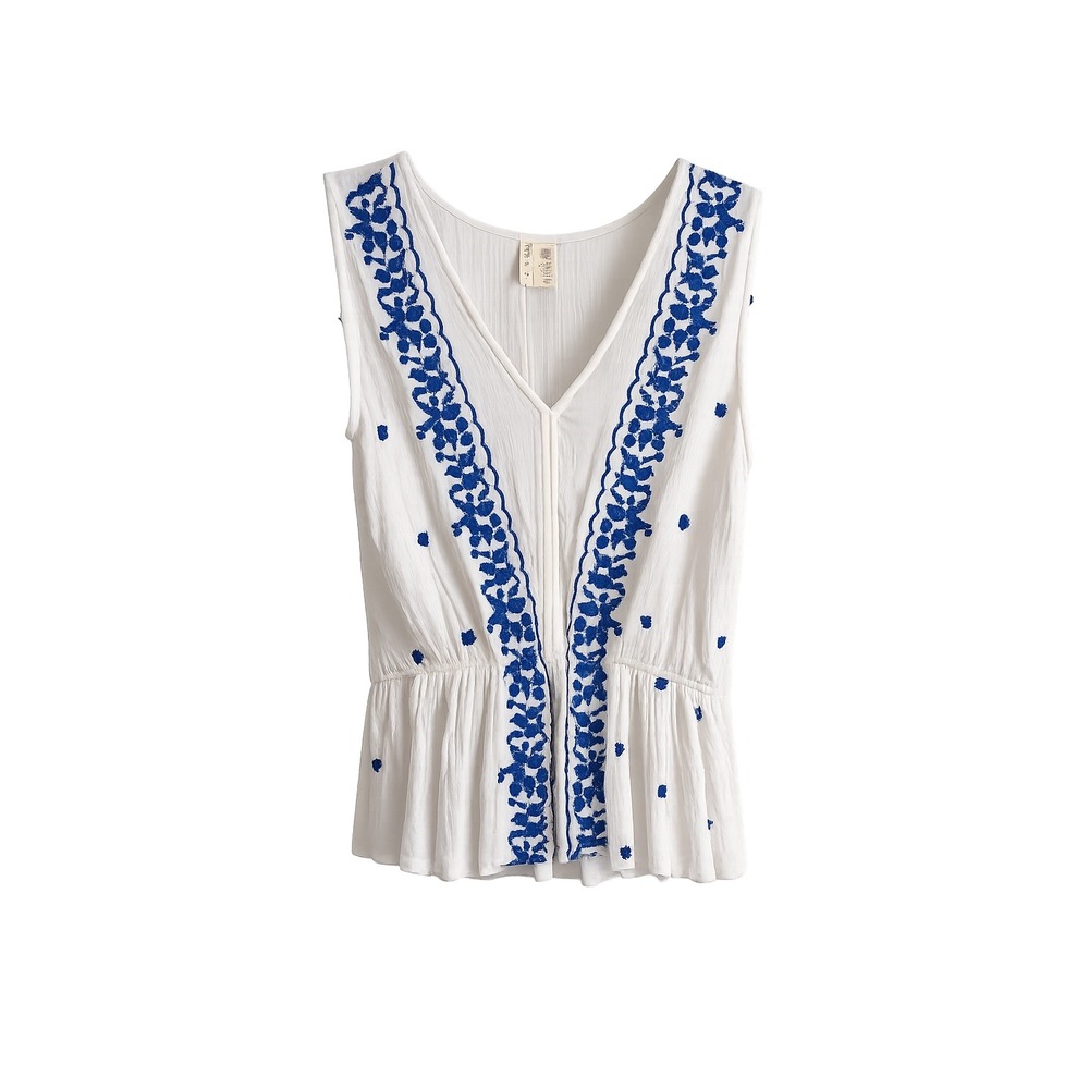 Japna Embroidered Sleeveless Top – White & Blue – Size M – NWT Boho Peplum